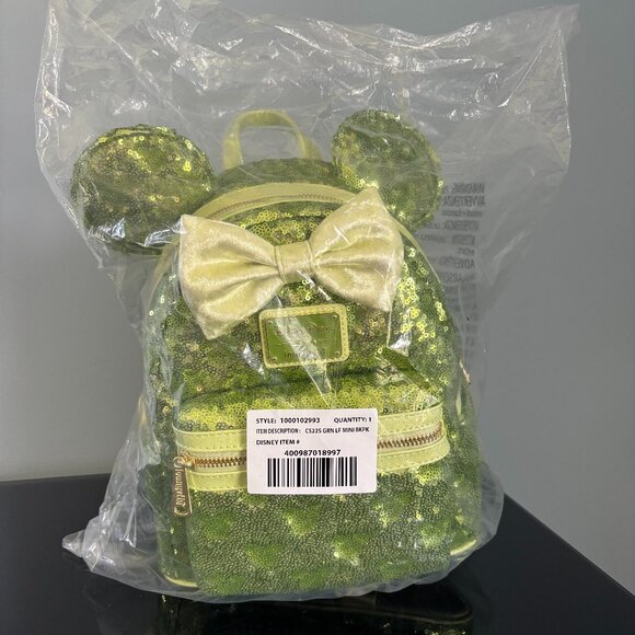 Disney Loungefly Minnie Mouse Tinkerbell backpack Green Sequin - Picture 1 of 13